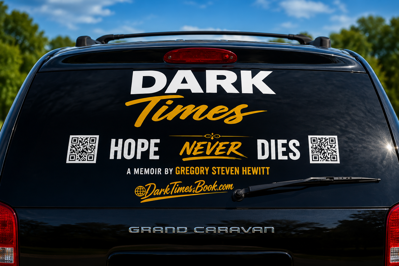 Dark Times van with book decals and QR code
