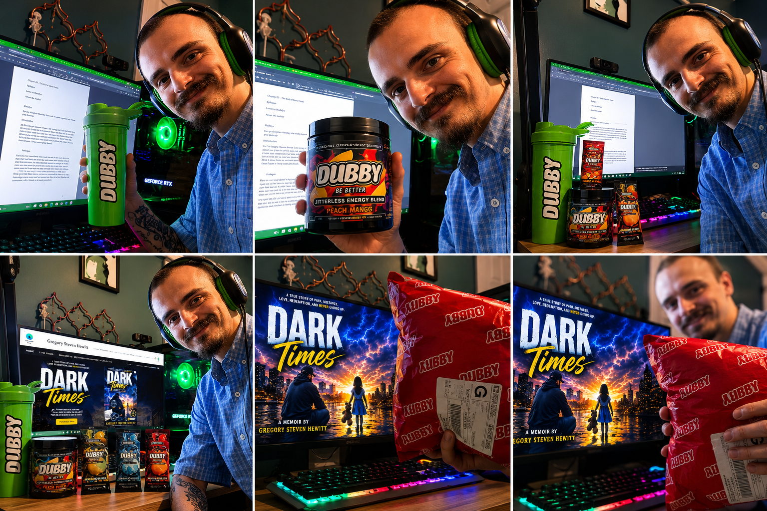 Gregory with Dubby Energy products and his Dark Times book