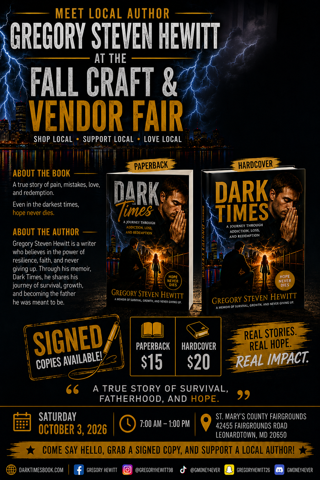 Fall Craft & Vendor Fair flyer for October 3, 2026 at St. Maryβs County Fairgrounds in Leonardtown, Maryland