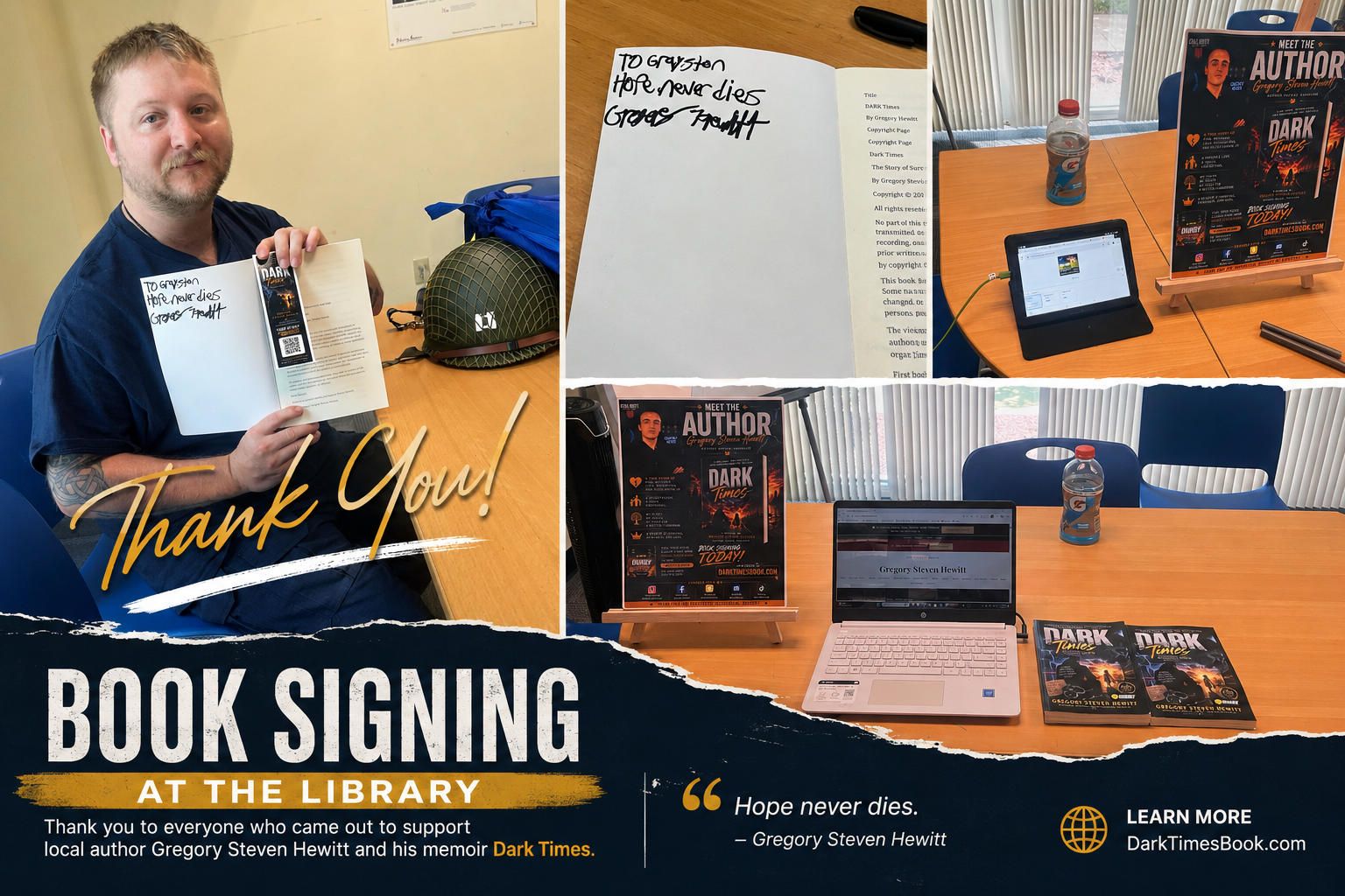 Collage from Gregory Steven Hewitt's first library book signing for Dark Times