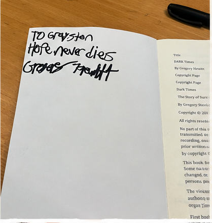 Signed copy of Dark Times with a personal message