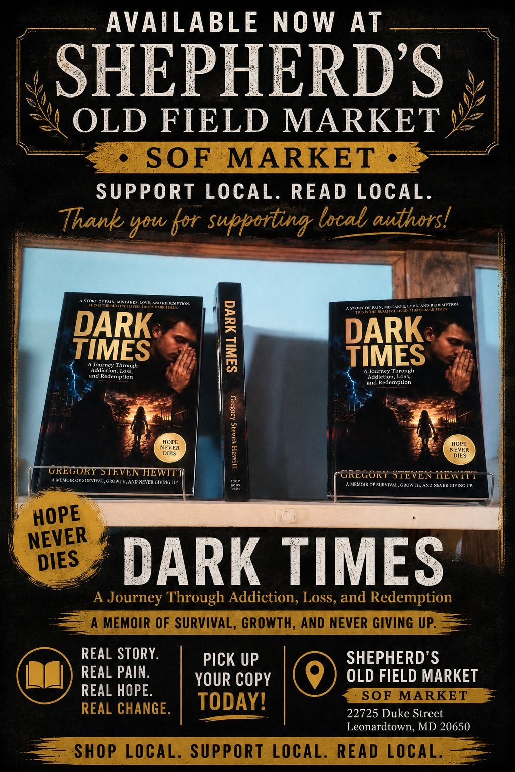 Dark Times availability poster for Shepherd's Old Field Market