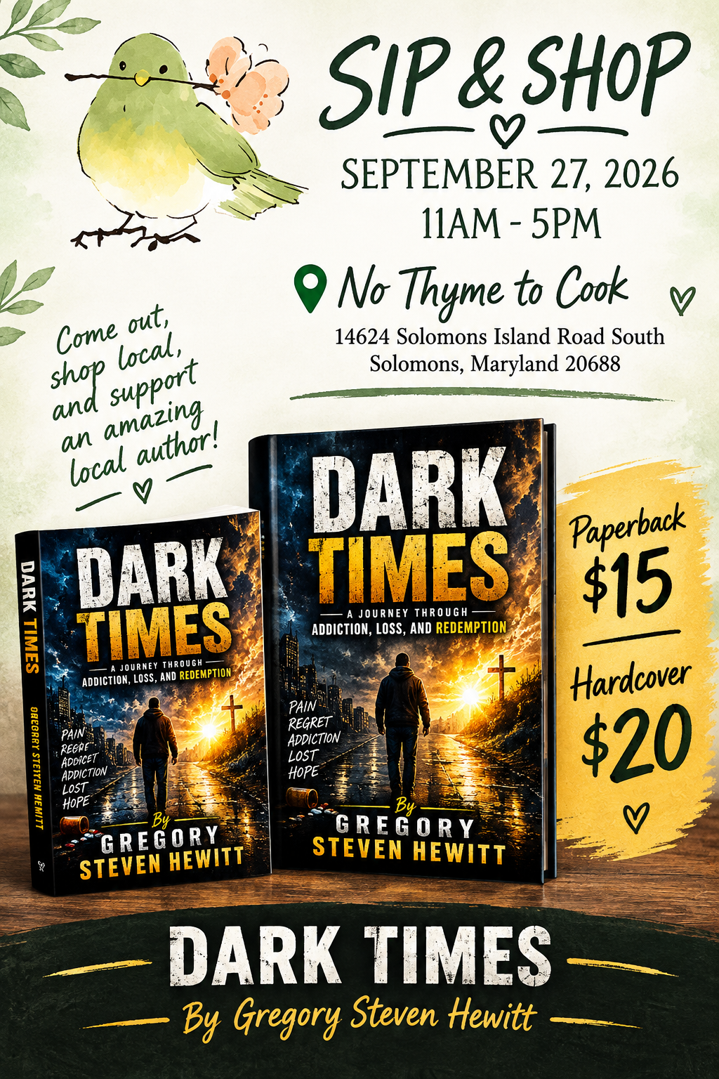 Sip and Shop author appearance flyer for Gregory Steven Hewitt at No Thyme to Cook in Solomons, Maryland on September 27, 2026 from 11 AM to 5 PM